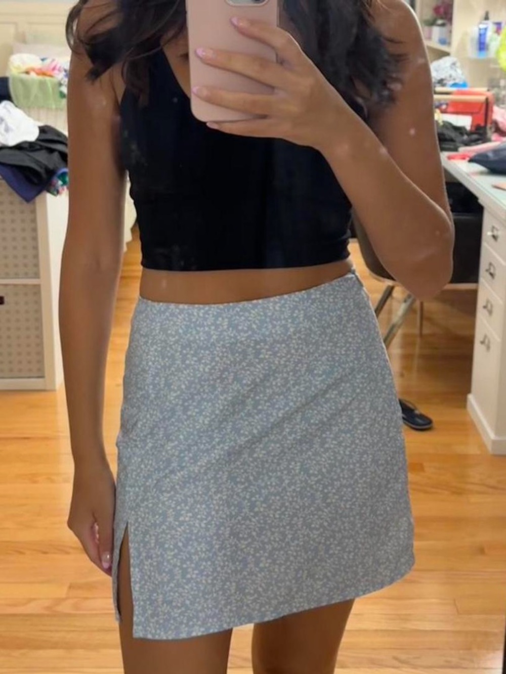 Floral Mini Skirt with Side Slit - Light Blue